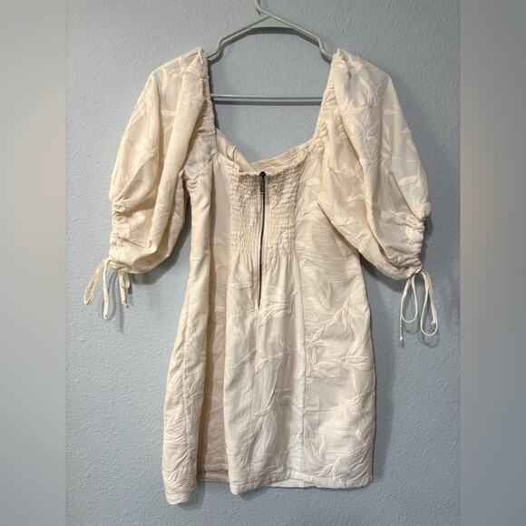 Jen’s Pirate Booty Cream Embroidered Leaf Puff Sleeve Mini Bodycon Boho Dress M - Picture 2 of 7